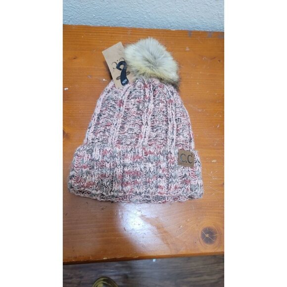 C.C. Beanie Pom Pom Hat - Rose Knit - Faux Fur Pom - Unisex Winter Accessory - Picture 10 of 10